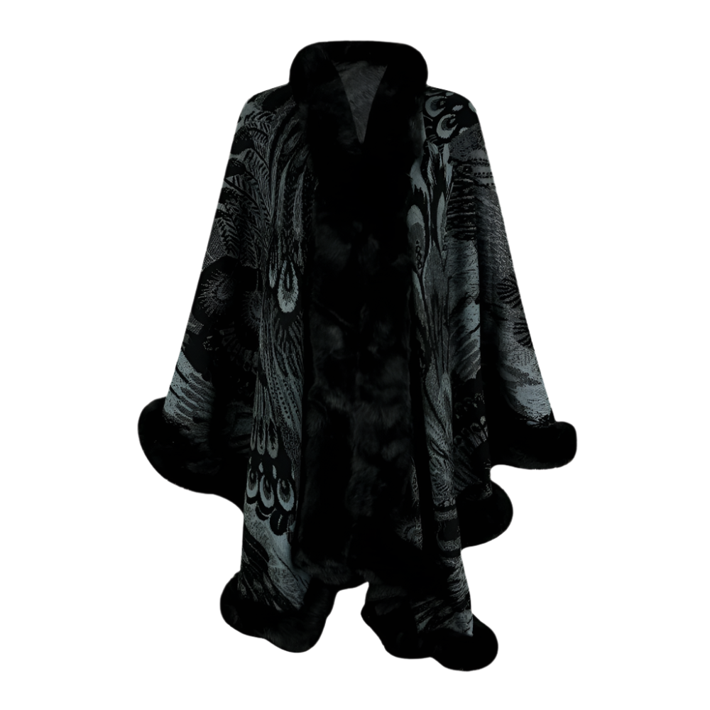 Cape Longue Motif Plumes | Luxueuse | Chaude et Théâtrale