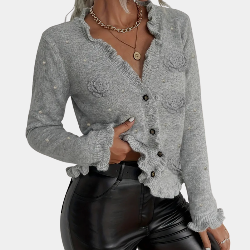 Cardigan Romantique à Volants et Broderies Florales | Détails Perlés | Tricot Féminin