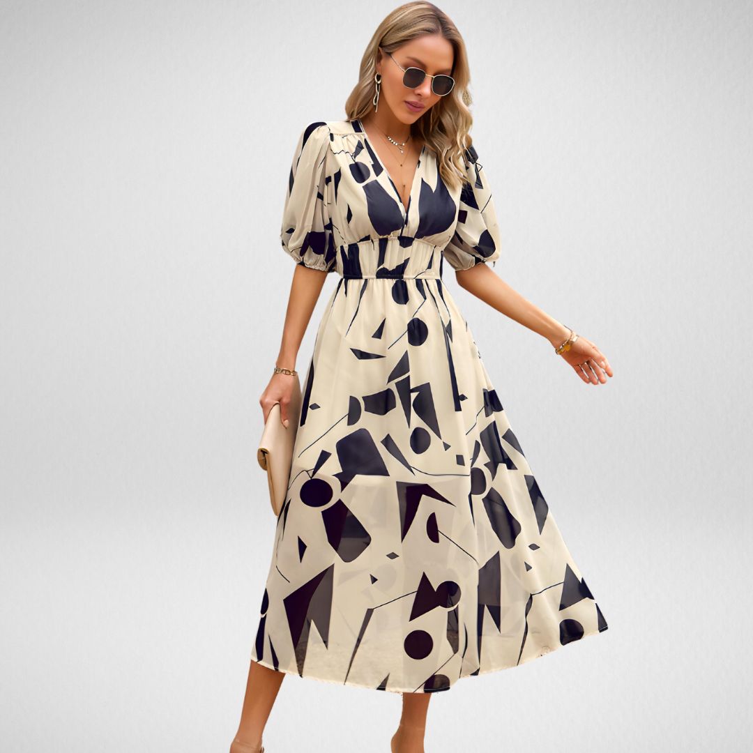 Robe longue géométrique | Coupe enveloppante | Élégante et audacieuse