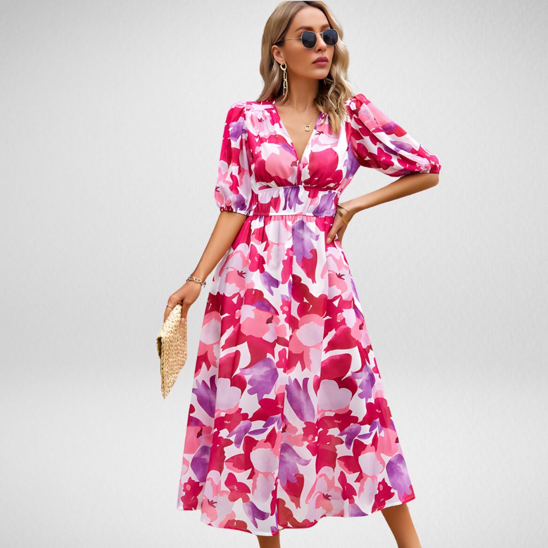 Robe longue géométrique | Coupe enveloppante | Élégante et audacieuse
