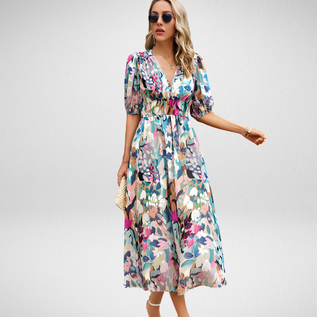 Robe longue géométrique | Coupe enveloppante | Élégante et audacieuse