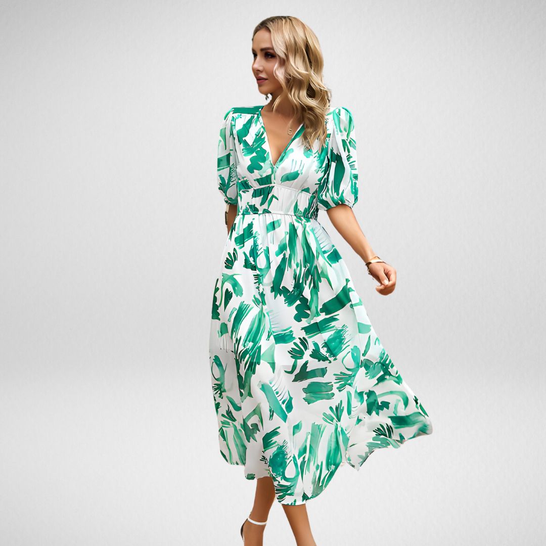 Robe longue géométrique | Coupe enveloppante | Élégante et audacieuse