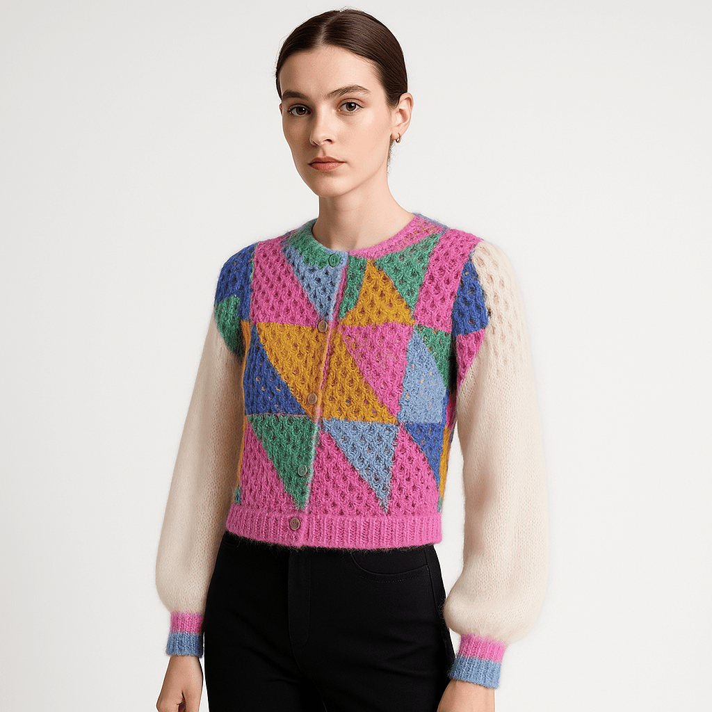 Cardigan Patchwork Multicolore | Maille Douce | Design Graphique Unique